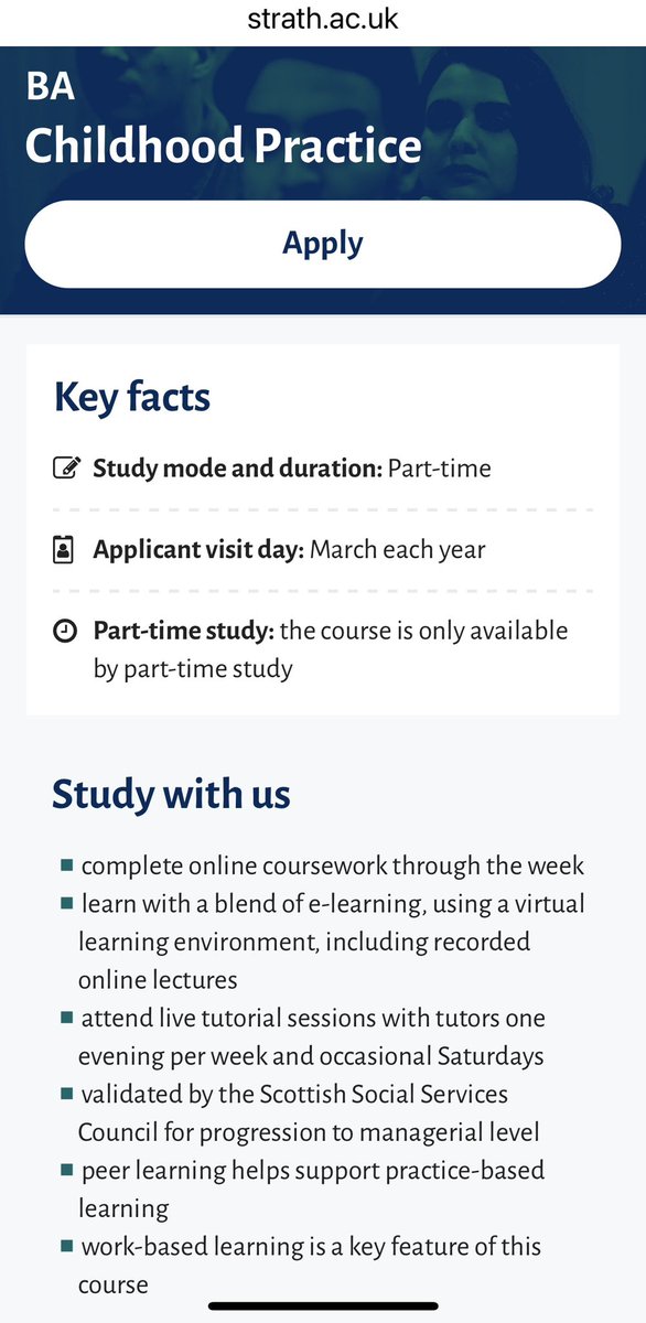 Apply now for the BA Childhood Practice at Strathclyde University. A course developed for practitioners working in childminding, EY, OOSC, ASN and Residential Childcare. <a href="/ScotChildmind/">Scottish Childminding Association (SCMA)</a> @SOSCN #TeamELC <a href="/scottishRCC/">Scottish Residential Child Care Wokers POV Podcast</a> 
strath.ac.uk/courses/underg…