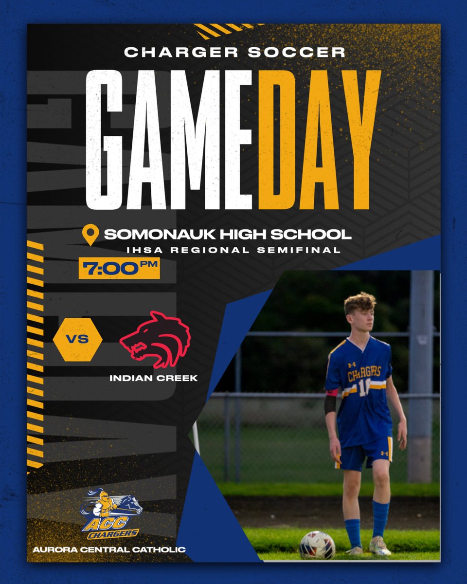 ACC_Athletics's tweet photo. GAME DAY! Boys Soccer travels to Somonauk HS to take on Indian Creek in the IHSA Regional Semifinal. 7:00 pm start! Good Luck Gentlemen! Go Chargers! #ChargerUp @AuroraCCSoccer https://t.co/J7DbjnEGcJ