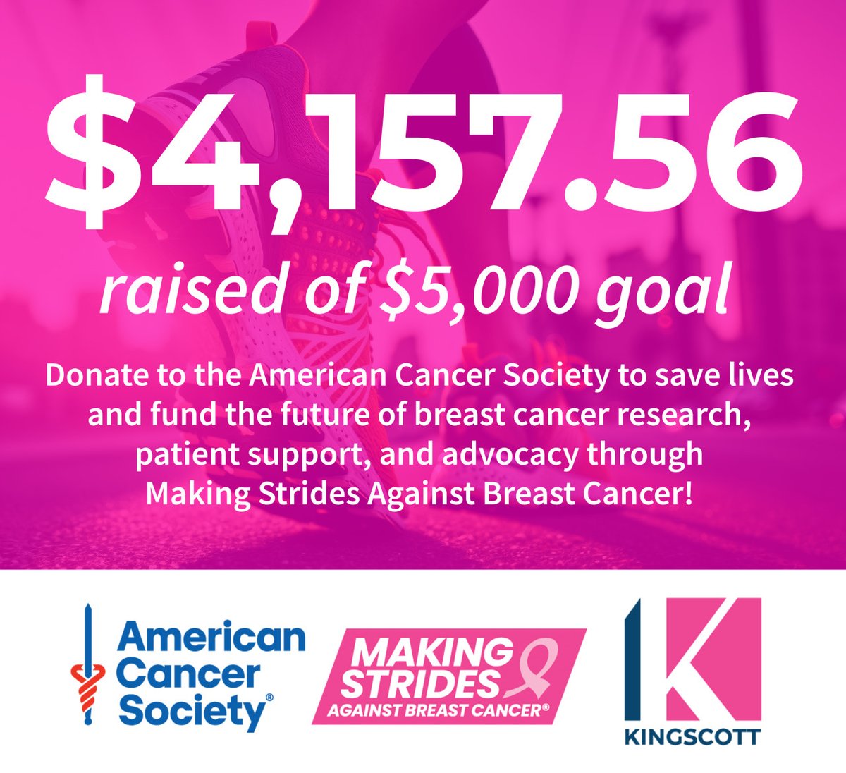 We're excited to participate in the Making Strides Against Breast Cancer Walk on Oct. 28 and have raised $𝟰,𝟭𝟱𝟳.𝟱𝟲 𝗼𝗳 𝗼𝘂𝗿 $𝟱,𝟬𝟬𝟬 𝗴𝗼𝗮𝗹! If you would like to show your support, visit our team page through the American Cancer Society at: secure.acsevents.org/site/TR;jsessi…
