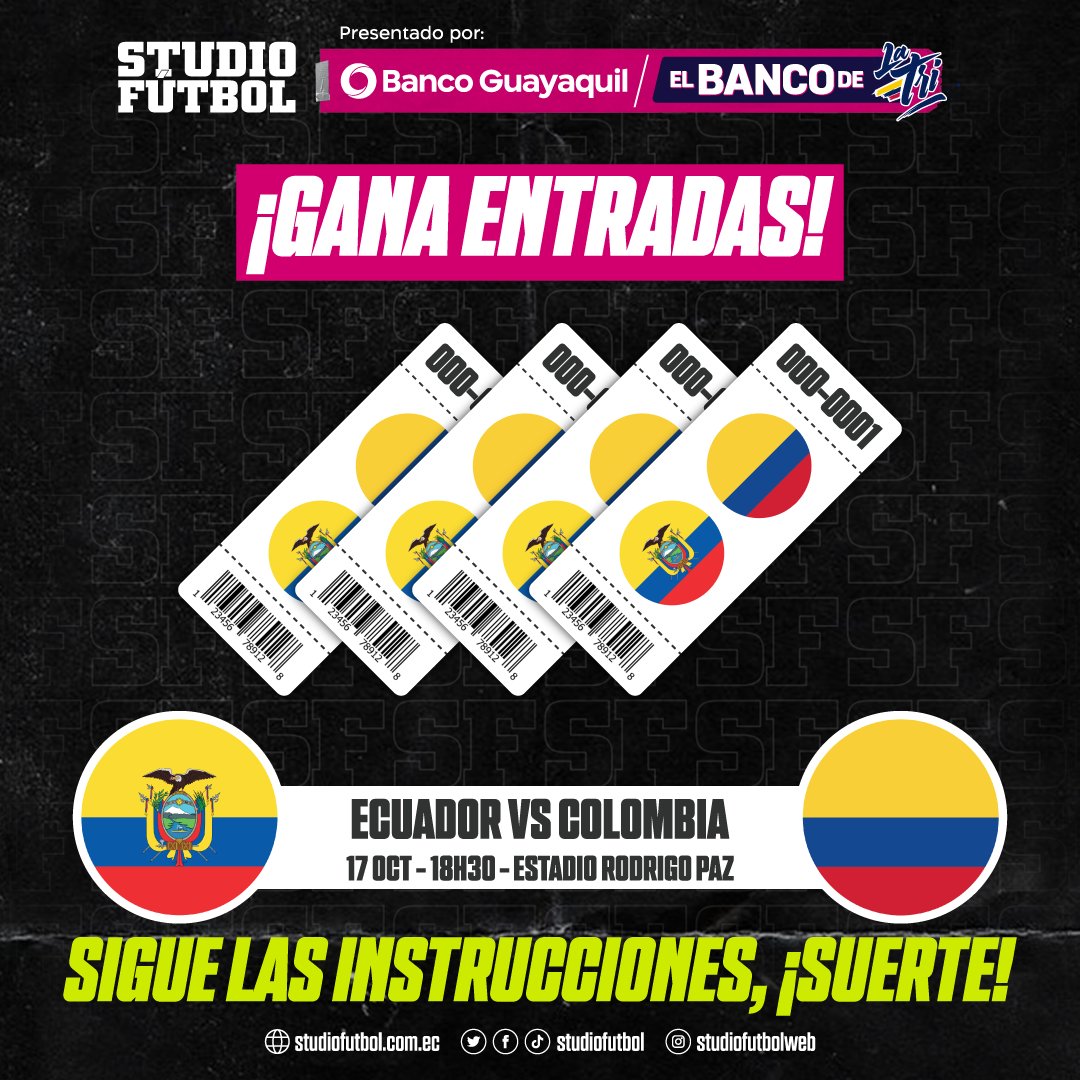 🇪🇨🆚🇨🇴 Gana entradas para ver el Ecuador Vs. Colombia, gracias a <a href="/BancoGuayaquil/">Banco Guayaquil</a>, #ElBancoDeLaTRI 🎁🎟️ 

1⃣ Sigue a <a href="/StudioFutbol/">StudioFútbol ⚽</a> y <a href="/BancoGuayaquil/">Banco Guayaquil</a> - Da RT

2⃣ Deja tu mensaje de apoyo a La Tri con el #ElBancoDeLaTRI y menciona a tu acompañante 

⌛️¡Domingo 12H00 se conocerá al