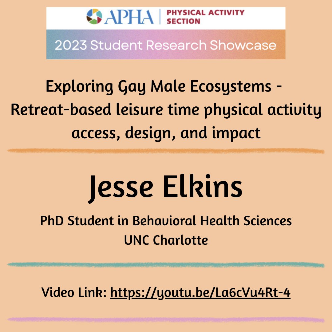 The second project in our Student Research Showcase is from Jesse Elkins, a PhD student in Behavioral Health Science @ UNC Charlotte: Exploring gay male ecosystems - Retreat-based leisure time physical activity access, design, and impact. #PhysicalActivity youtu.be/La6cVu4Rt-4
