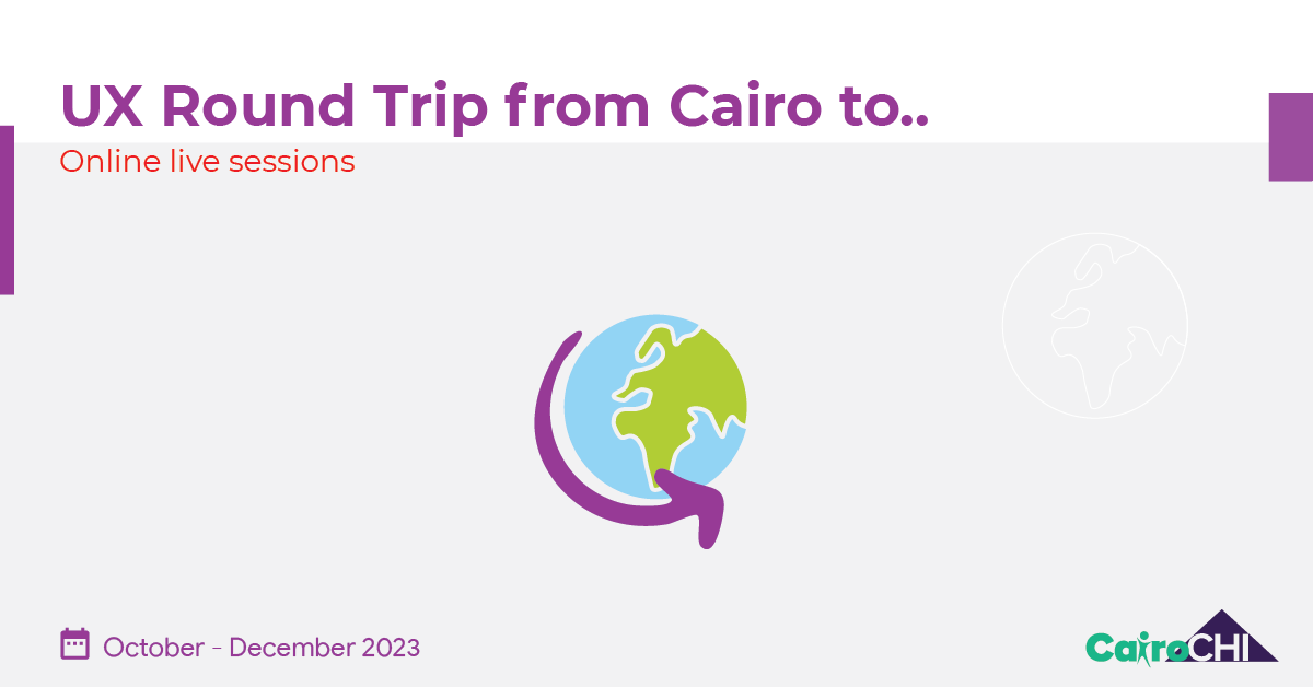 cairo_chi's tweet photo. CairoCHI is proud to present to you a UX roundtrip from Cairo to the world🌍 
This tour aims to meet, discuss, and reflect on different UX and HCI trends and personal journies of the Egyptian and Arab HCI communities all over the world.
Stay tuned ✈️
#CairoCHI #UX_round_trip https://t.co/lftyG36O9X