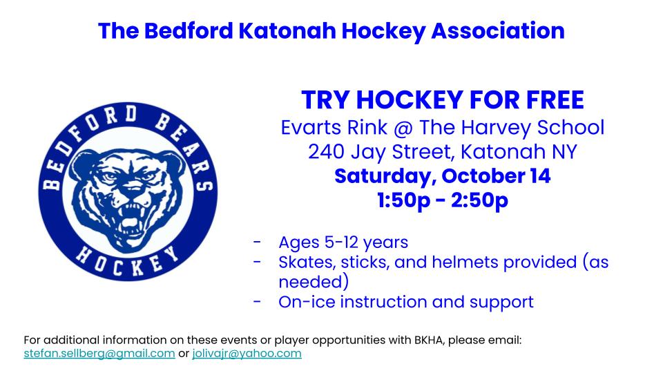 This Saturday @ 1:50p the BKHA is hosting "Try Hockey for Free" at the Harvey School. Just show up, and we got the rest covered (including skates and instruction) Tell ya friends!  #youthhockey #Hockey