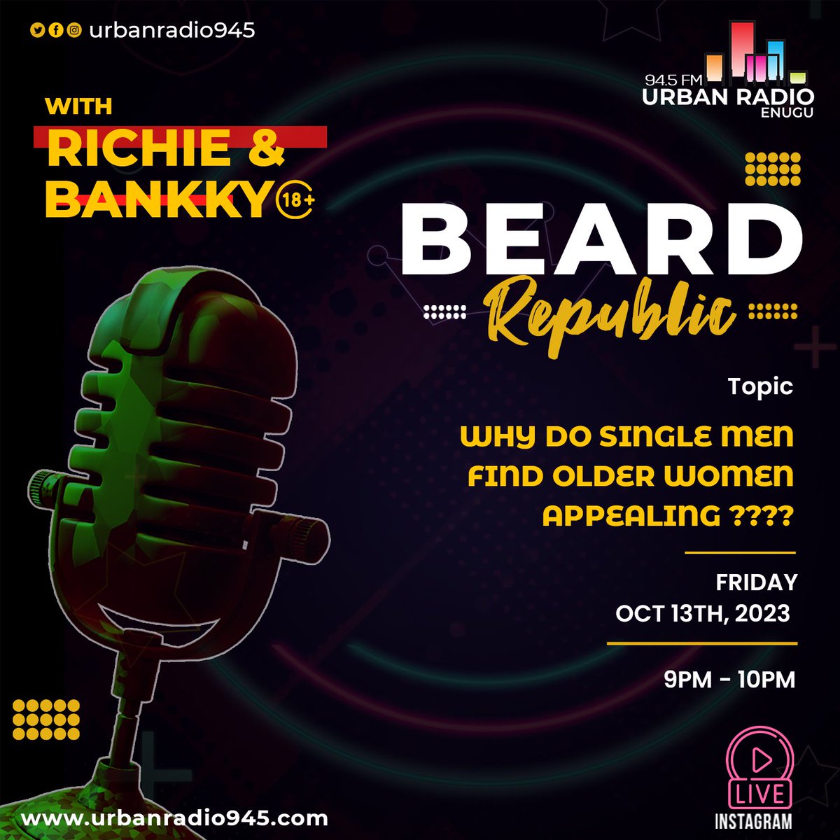 UrbanRadio945's tweet photo. 🎙️ Tune in to Beard Republic by 9PM as we dive into the intriguing topic of Why do single men find older women appealing?. 

Let's uncover the secrets of attraction that defy age! #BeardRepublic #UrbanRadio #Urban https://t.co/OehDO3qBuw