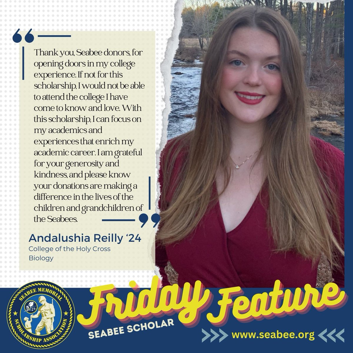 SeabeeMemorial's tweet photo. Meet Andalushia, our Friday Featured Seabee Scholar at the College of the Holy Cross. The grandaughter of EOH3 August Gomes, your generosity makes a difference in her life. Learn more at https://t.co/XSZhDuzIiX. 📚💙 #SeabeeScholar #EducationMatters #SupportOurScholars #Seabees https://t.co/oD9iWaYtAN