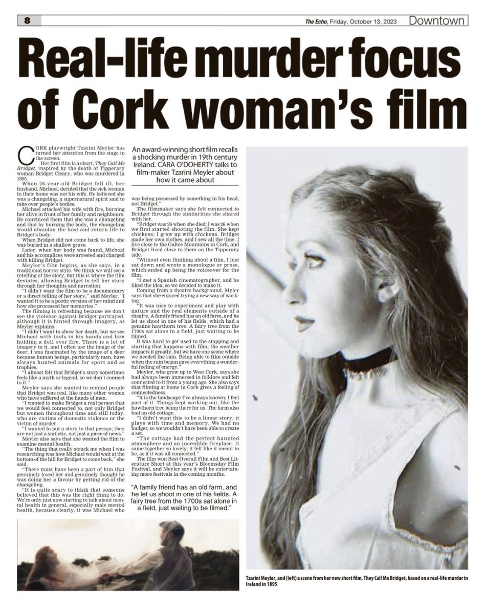 CaraODoherty8's tweet photo. I spoke with #Cork playwright @TzariniM about her first short film, They Call Me Bridget. Read the interview in today’s @echolivecork https://t.co/ryvbHE297l