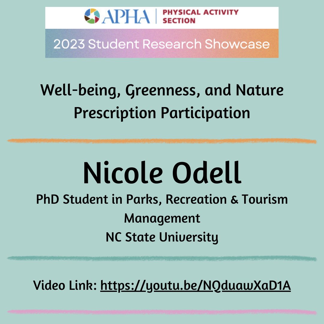 The fourth project we are showcasing is from Nicole Odell (@neo_endurance), a PhD student in Parks, Recreation and Tourism Management at NC State University: Well-being, Greenness, and Nature Prescription Participation. youtu.be/NQduawXaD1A #PhysicalActivity