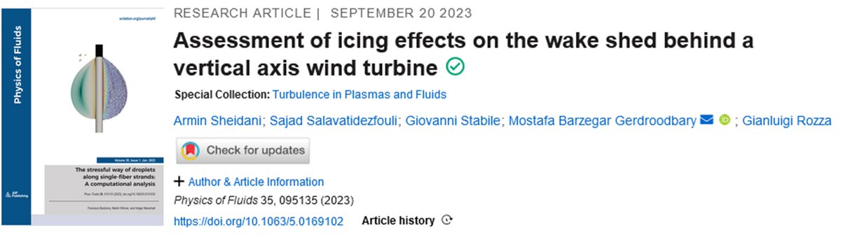 UBI_pt's tweet image. Sheidani, A., (…), Barzegar Gerdroodbary, M., Rozza, G. published the paper "Assessment of icing effects on the wake shed behind a vertical axis windturbine" in Physics of Fluids.
#Windenergy #Heattransfer #Computersimulation #Aerodynamics #Fluidflows #Vortexdynamics