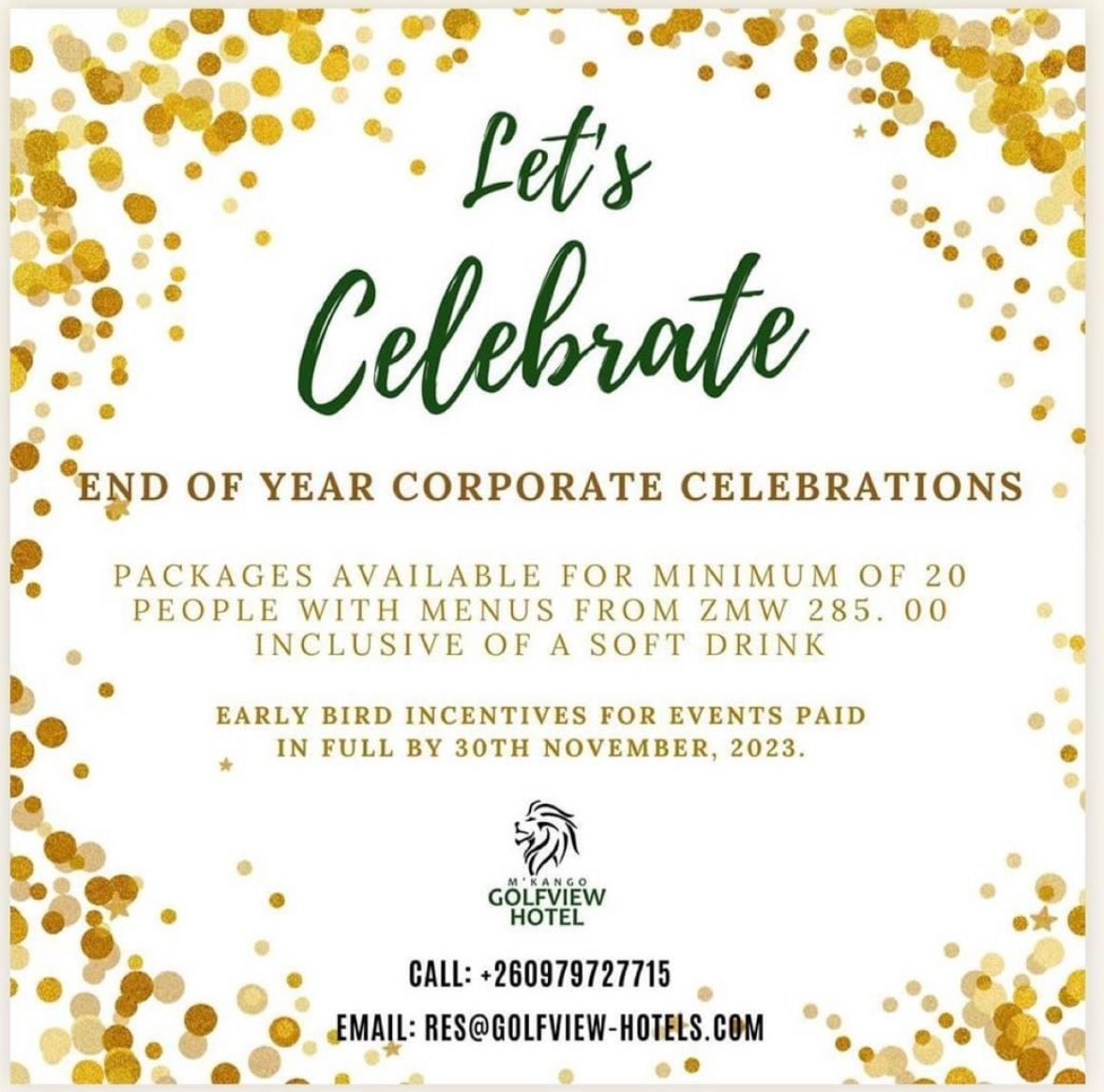 Let’s make this year’s Corporate End-of-Year #Celebration one to remember! Let M’kango Golfview Hotel show your team that they are the best and deserve to be celebrated by coming to one of the best conference and functions venue in #Lusaka. #Zambia #Hotels