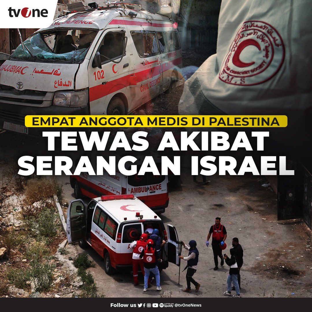 tvOneNews's tweet photo. Israel semakin brutal. Tak hanya menyerang warga sipil termasuk bayi, anak-anak, dan lansia. Kini, mereka menjadikan para medis sebagai target serangannya.

#threadtvOne https://t.co/l1aC7wTdFa