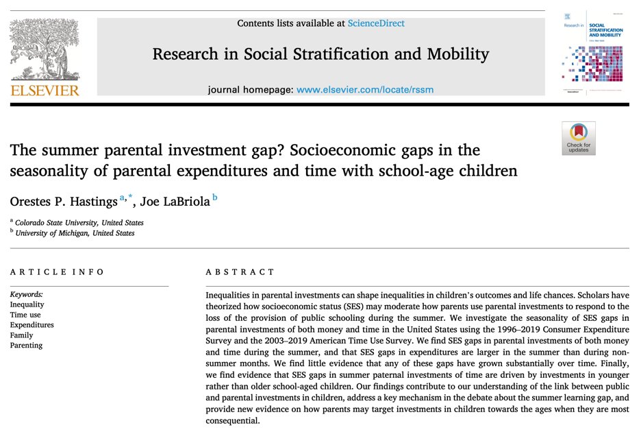 Pat Hastings (@ophastings) on Twitter photo New paper!📊
You’ve heard of the (debated) summer learning gap. We look at the summer parental investment gap. <a href="/joelabriola/">Joe LaBriola</a> and I find larger SES gaps during the summer, and larger gaps for younger school-age children than older children.
1/9
authors.elsevier.com/a/1hvO1%7EuWq%… New paper!📊
You’ve heard of the (debated) summer learning gap. We look at the summer parental investment gap. <a href="/joelabriola/">Joe LaBriola</a> and I find larger SES gaps during the summer, and larger gaps for younger school-age children than older children.
1/9
authors.elsevier.com/a/1hvO1%7EuWq%…