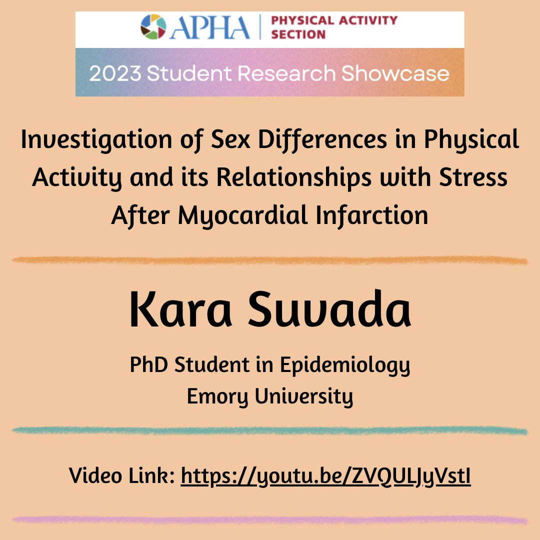 Kara Suvada’s work is the next projiect we are showcasng today. Kara is a PhD student in  Epidemiology @ Emory University. Investigation of Sex Differences in Physical Activity and its Relationships with Stress After Myocardial Infarction #PhysicalActivity
youtu.be/ZVQULJyVstI