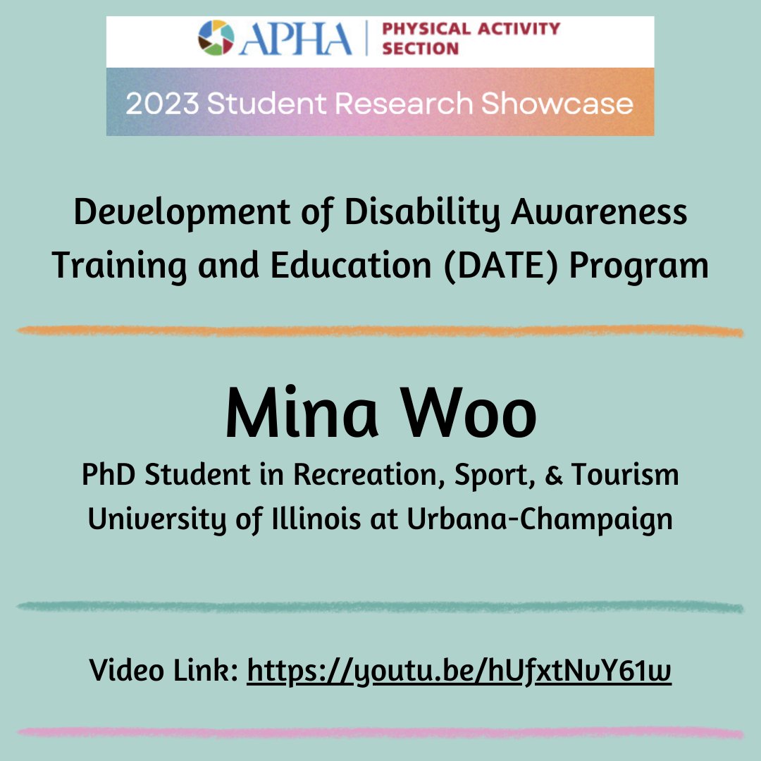 The final research project we are showcasing today is from Mina Woo, a PhD student in Recreation @ the University of Illinois at Urbana-Champaign: Development of Disability Awareness Training and Education (DATE) Program #PhysicalActivity
youtu.be/hUfxtNvY61w