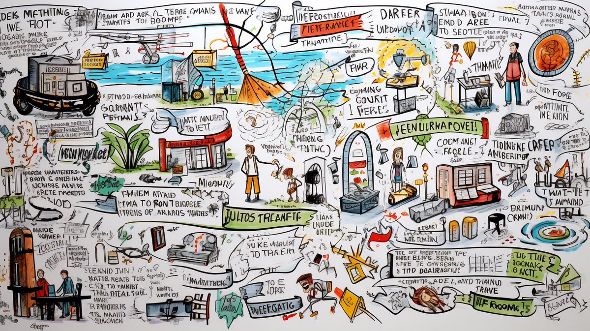 1/2 Kann #KI #Sketchnotes generieren? Für meinen Workshop auf #VisLit2023 habe ich zum Generieren von Bildern #midjourney ausprobiert. Mein Fazit: Es sieht gut aus. Allerdings ergibt weder Text noch Struktur einen Sinn :-) Habt ihr da andere Erfahrungen? Textbefehle für prompts?