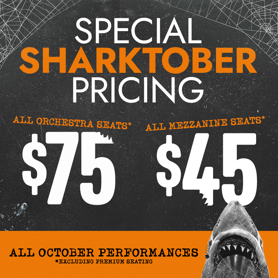 Celebrate SHARKTOBER with Broadway’s biggest price bite! ALL orchestra seats are $75 and ALL mezzanine seats are $45 through November 1st 🦈 Reel yours in at thesharkisbroken.com or the Golden Theatre box office. 
#TheSharkIsBroken #SHARKTOBER #Broadway!