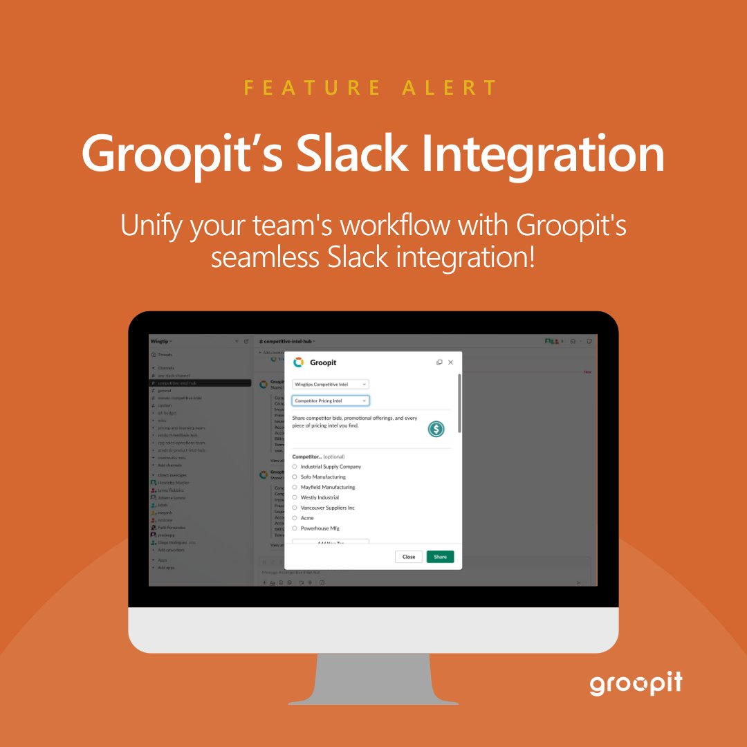 groopit_co's tweet photo. β¨ Feature Spotlight: Groopit App for Slack β¨
Boost your team's productivity and keep data at your fingertips with Groopit's seamless @SlackHQ Integration. Our integration removes barriers between your data and your discussions. π
#crowdsolving #featurespotlight #Slack https://t.co/wQR46ffit0
