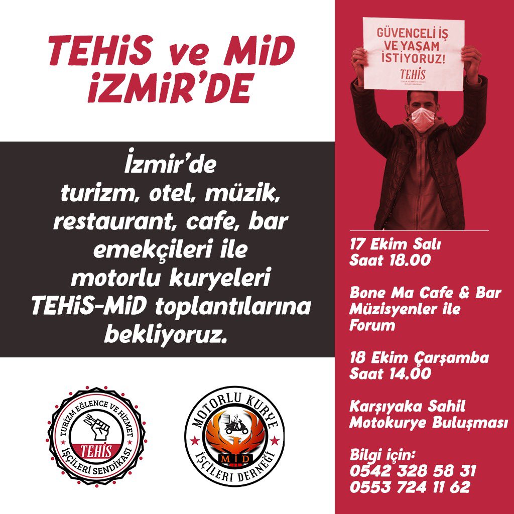 17 Ekim saat 18.00 de Bone Ma cafe de buluşacağız. 
Tüm sektör çalışanı dostları söz söylemeye bekliyoruz ✌🏼