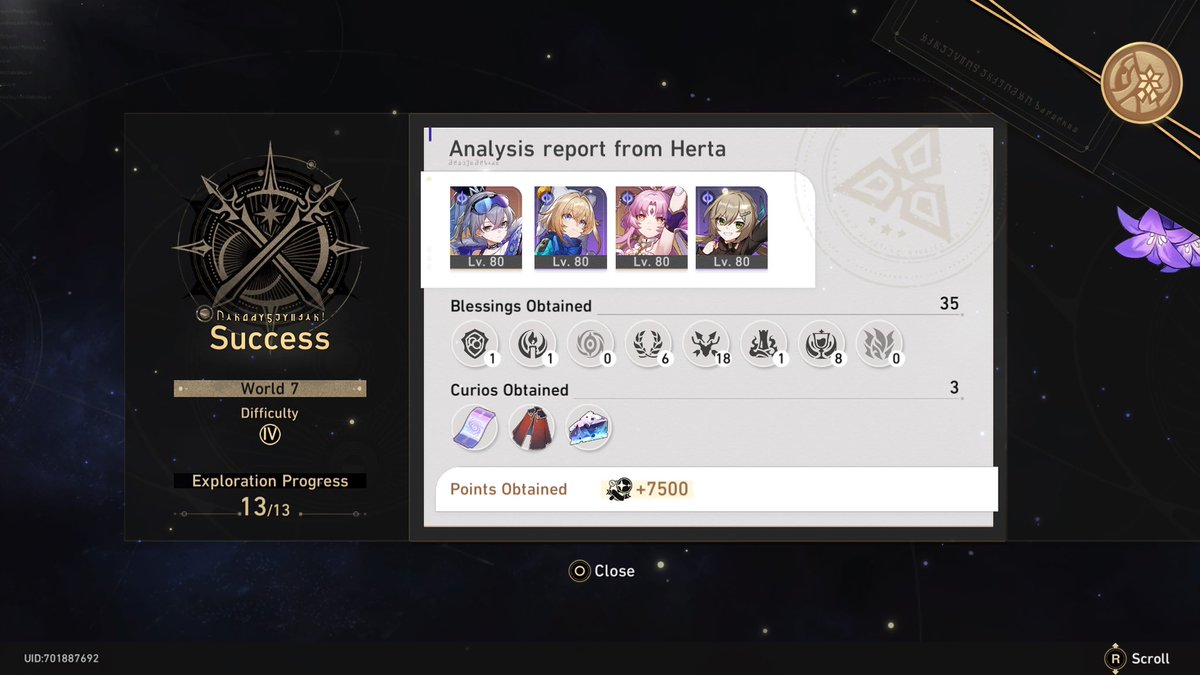 NeppynepnepVT's tweet photo. Iโve finally finished the simulated universe on all levels on all worlds and this team is the best team! #HonkaiStaiRail #teamquantum #simulateduniverse #herta https://t.co/V51VuRG4P2