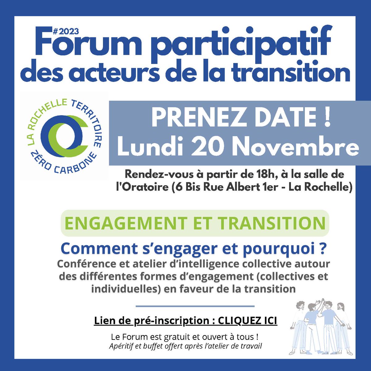 A noter : prochain Forum des acteurs et citoyens engagés et intéressés par les enjeux de transition. RDV lundi 20 nov. Thème : Engagement et transition : pourquoi et comment s’engager ? 👉larochelle-zerocarbone.fr/agenda?event=f…