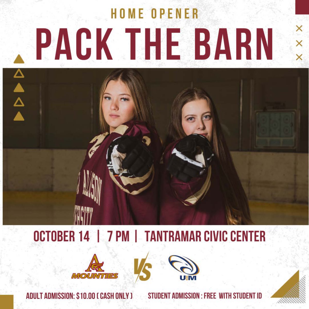 🏒 MtA Women's Hockey Home Opener! 🥅
📣 Let's 'PACK THE BARN'!
📅 Oct 14, 7PM @ Tantramar Civic Center
🎟️ Adults: $10 (CASH ONLY)
🎟️ Students: FREE with ID

Mounties 🆚 UdeM. Be there, bring the noise! 🌟
#MountiePride #PackTheBarn