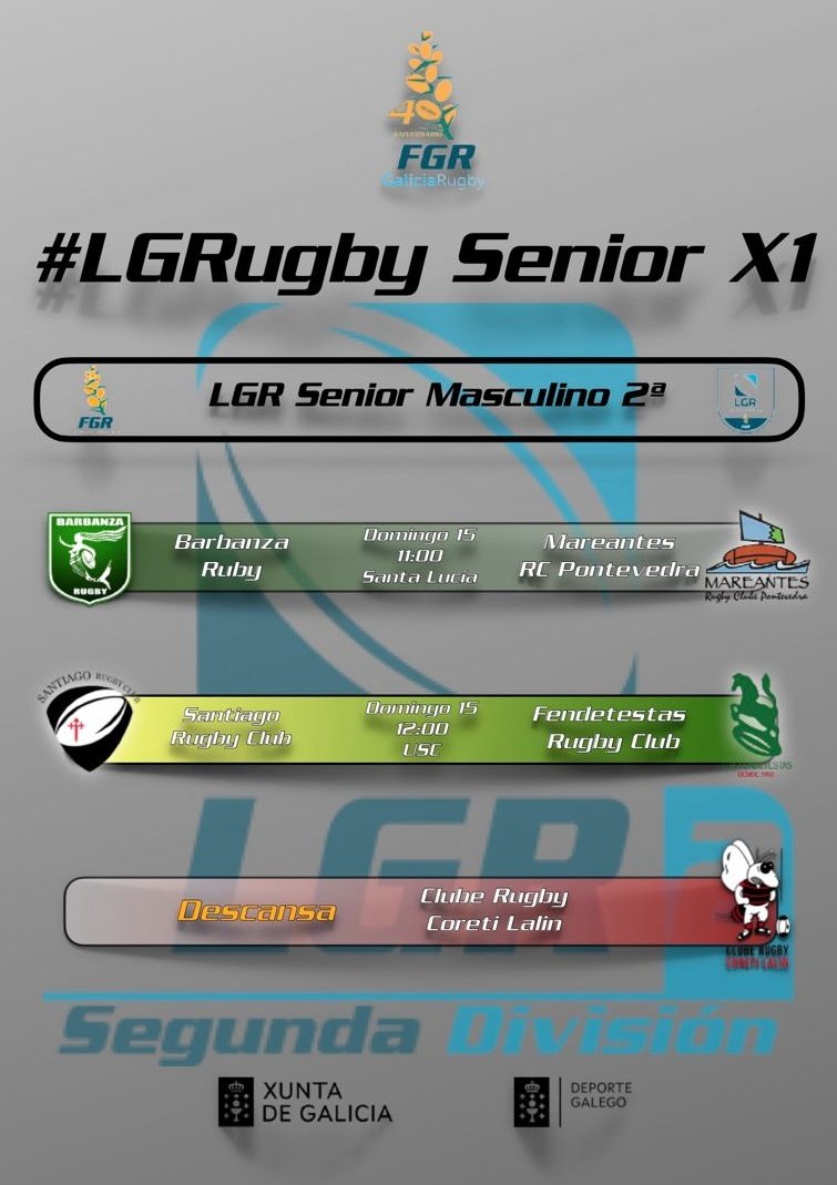 😍 Comeza o #RugbyGallego nesta tempada 2023-24

🏉 #LGRugby Senior  Masculina

👉 1° e 2 ° División

👌 Toda a info na web rugby.gal/competicions
