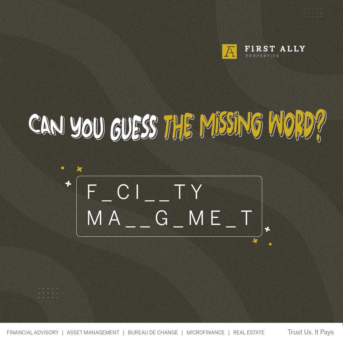 FA_Properties's tweet photo. Let's Dive into a Word Challenge! 🧩🤓 Can you guess the missing word in this real estate puzzle? It's all about 'F---i--t M--a----y Man----gemnt'. Unscramble the letters and guess the word! Share your answers in the comments below.
#Firstallyproperties #WordPuzzle https://t.co/ZP8D5vEOcm