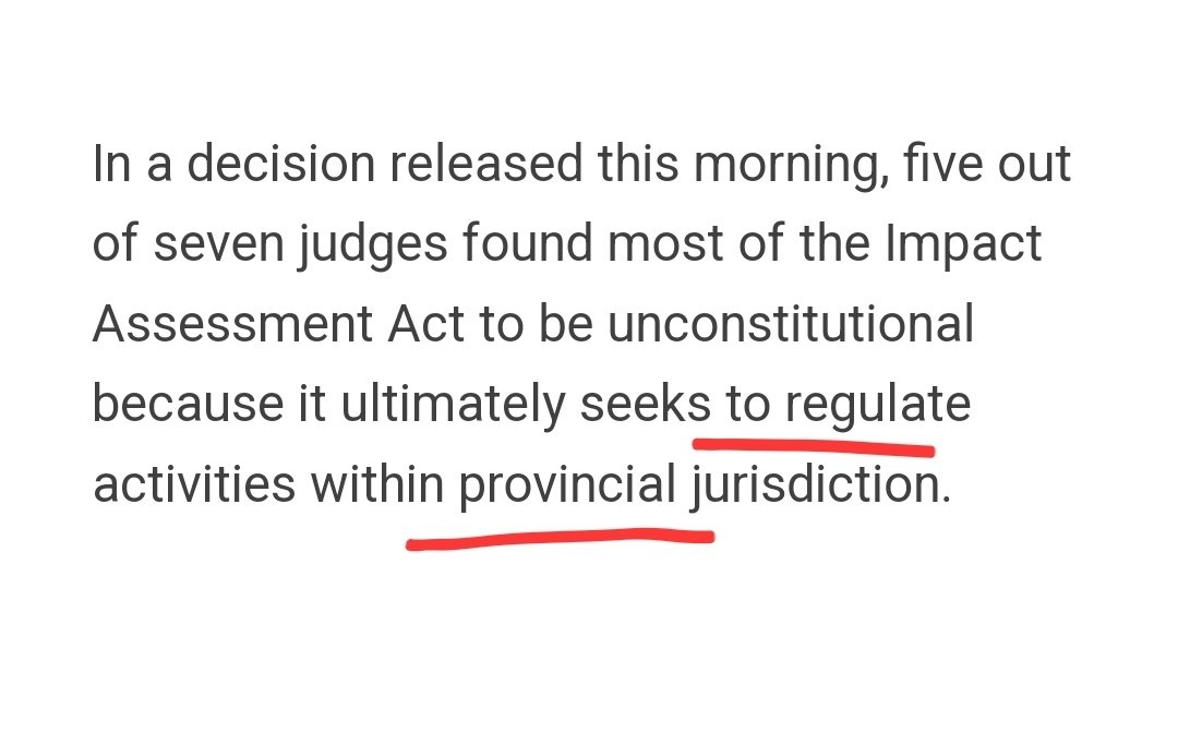 Huge news for Canada!

5/2 judges found most of the Impact Assessment Act aka BillC69 to be unconstitutional because it infringes on provincial jurisdiction.

Any win in this area is a good start!

#cdnpoli #cdnecon