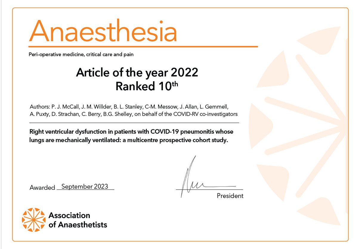 Anaesthesia Research (@gjanaesresearch) on Twitter photo A huge endorsement for the <a href="/JubileeHospital/">NHS Golden Jubilee</a> <a href="/UofGlasgow/">University of Glasgow</a> run #COVID-RV study that our headline paper has been ranked 10th in the <a href="/Anaes_Journal/">𝘈𝘯𝘢𝘦𝘴𝘵𝘩𝘦𝘴𝘪𝘢</a> article of the year awards. 10 ICUs across Scotland🏴working together to answer this important question. Thanks again to all involved! A huge endorsement for the <a href="/JubileeHospital/">NHS Golden Jubilee</a> <a href="/UofGlasgow/">University of Glasgow</a> run #COVID-RV study that our headline paper has been ranked 10th in the <a href="/Anaes_Journal/">𝘈𝘯𝘢𝘦𝘴𝘵𝘩𝘦𝘴𝘪𝘢</a> article of the year awards. 10 ICUs across Scotland🏴working together to answer this important question. Thanks again to all involved!