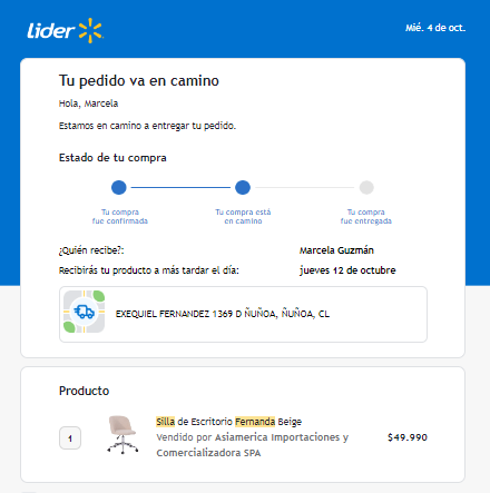 xelaguzman's tweet photo. El 04/10, en el Cyber, compré una silla el @LIDERcl 
Llegó al otro día; era de otro color. Solicité el cambio; me dieron un número de reclamo diciendo que me contactarían para el cambio.
11/10: reclamo porq no me contactaron. Me dijeron q sólo era posible la devolución de $ https://t.co/B2APOTcCyH