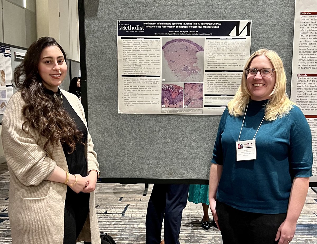 Our resident, Haneen Salah, shined at the #ASDP meeting in Chicago, presenting a poster on "Multisystem Inflammatory Syndrome in Adults (MIS-A) following COVID-19 Infection: Case Presentation and Review of Cutaneous Manifestations." Kudos to her and her mentor, Dr. Megan Ketcham!