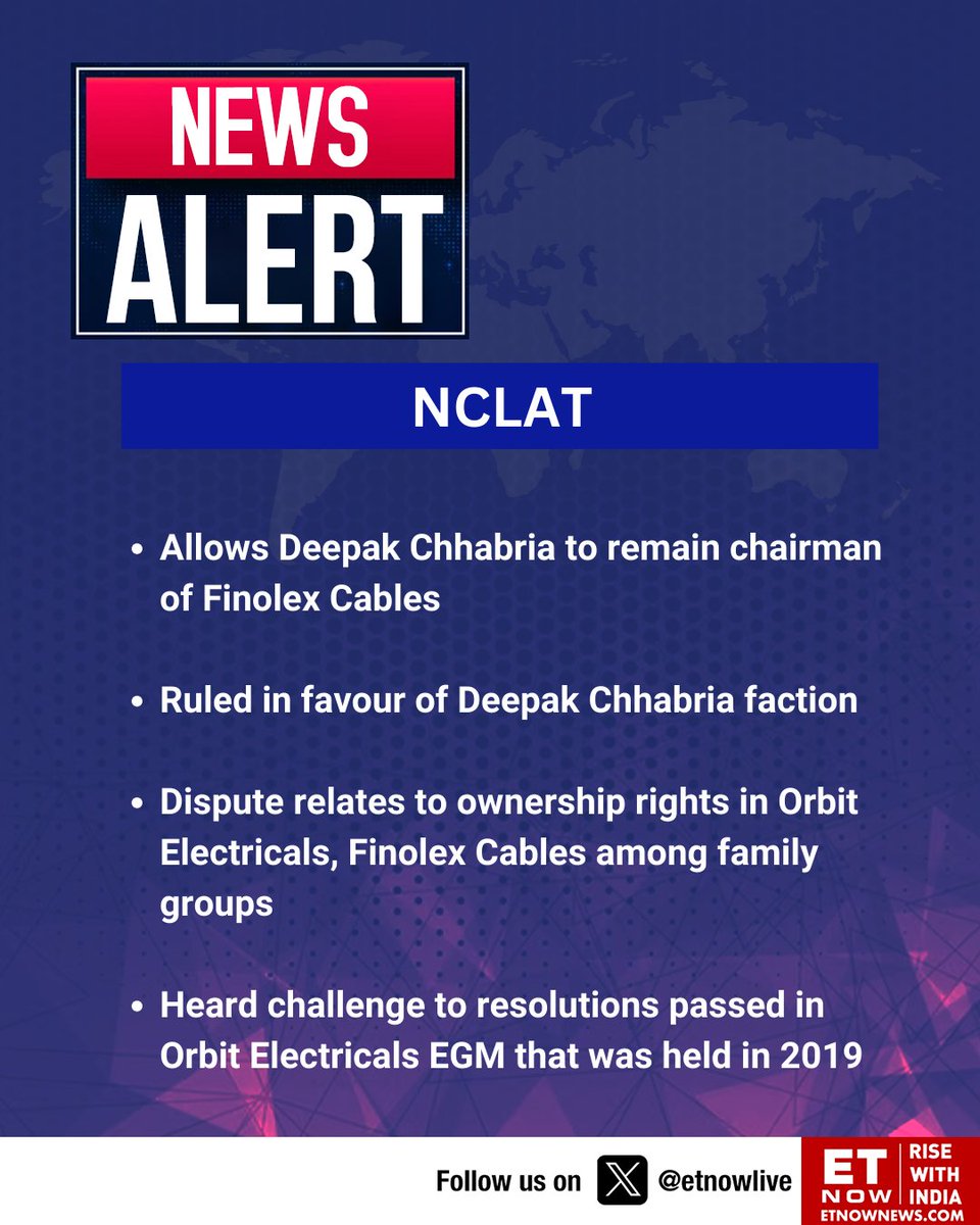 ETNOWlive's tweet image. News Alert | NCLAT: Allows Deepak Chhabria to remain chairman of Finolex Cables

#NCLAT #DeepakChhabira #FinolexCables #OrbitElectricals
