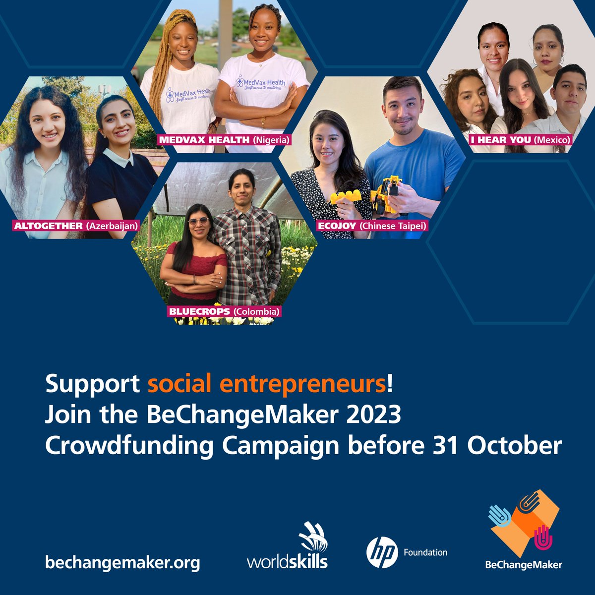 WorldSkills's tweet image. Support social entrepreneurs! The Top 5 Finalist Teams in this year&apos;s #BeChangeMaker2023 social entrepreneurship programme have launched crowdfunding campaigns to help get their businesses up and running! 🎉 Learn more: programmes.bechangemaker.com/final-2023

Together, #WeAreWorldSkills!
