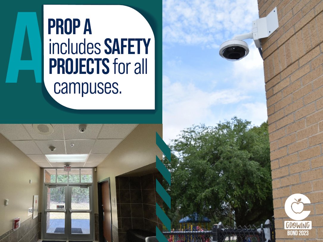 Safety projects for all campuses are included in Prop A. These could include door or window glazing, fencing, and security camera updates among other things. Visit conroeisd.net/bond/