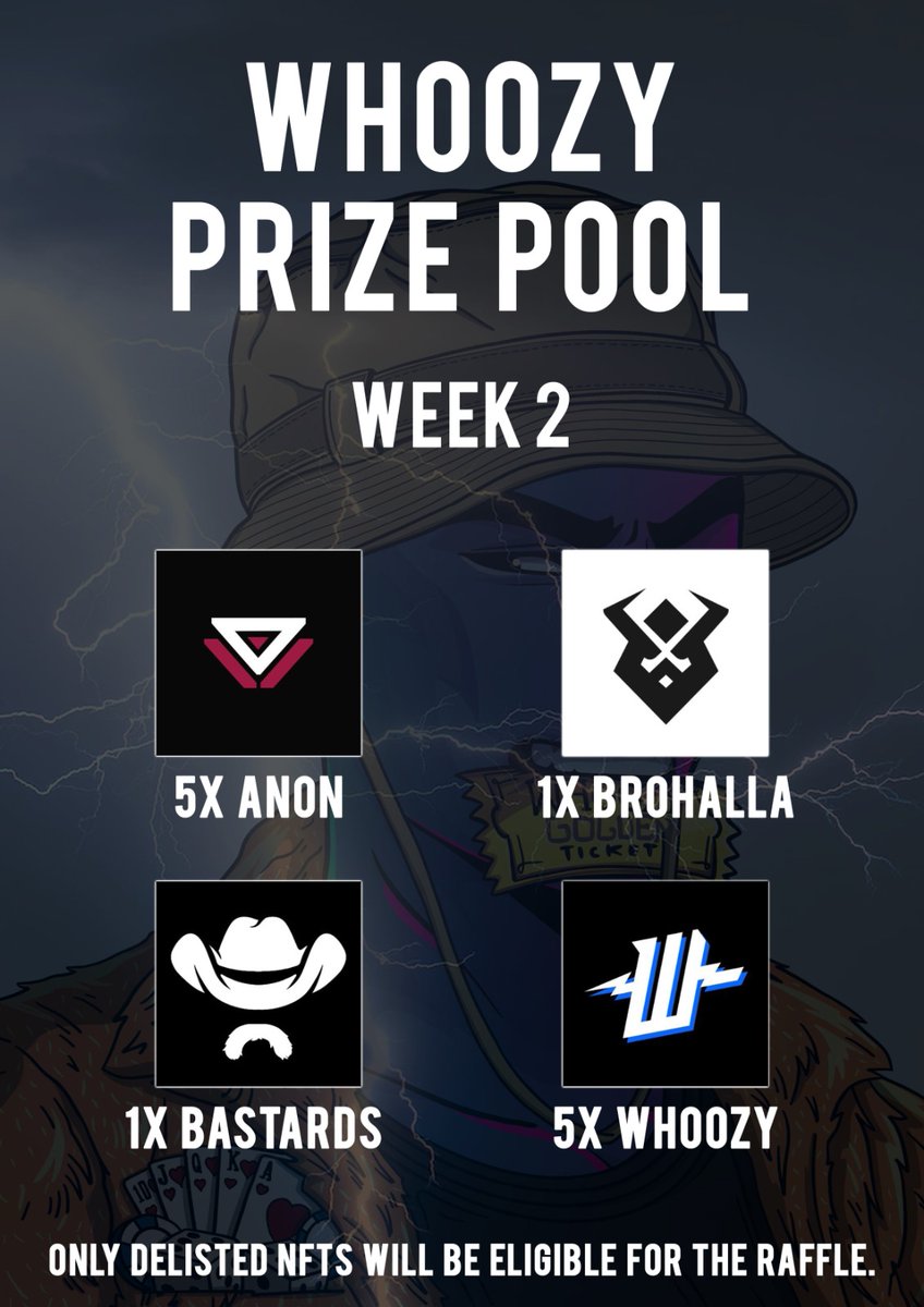 WhoozyNFT's tweet photo. Whoozy Prize Pool is here! 

Wanna participate? 
-Purchase a Whoozy 
-Join our Discord for the results 
-Only delisted NFTs will be elligible for the raffle
-More Whoozy, more chances!

Results on Monday! https://t.co/atZaZVf63P