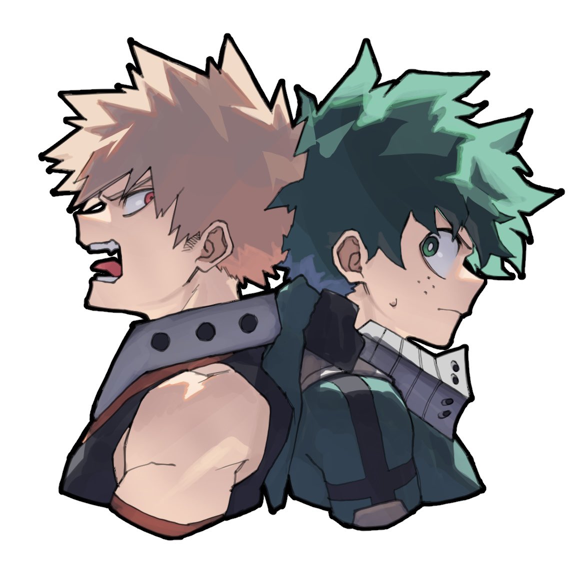 bakugou katsuki ,midoriya izuku multiple boys 2boys male focus freckles blonde hair green hair spiked hair  illustration images