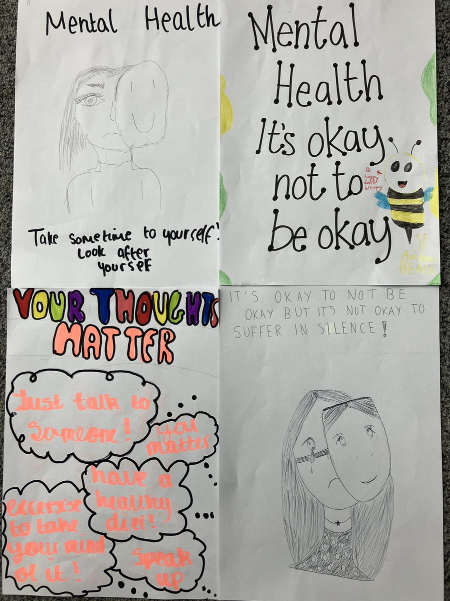 StAmbroseMHA's tweet photo. We launched a poster competition to raise awareness of mental health with S2 pupils this week. Here are some of the posters that 2F3 pupils made. #MentalHealthAwareness @stambrosehigh @StAmbroseBucha1 @StambrosePS https://t.co/Mi62gdeoIZ