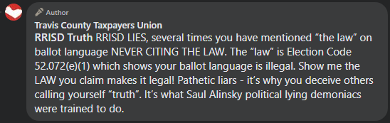 rrisdtruth's tweet photo. ICYMI: @TravisTaxpayers is threatening legal action against @RoundRockISD for what they claim is deceptive ballot language. The law is clear. @TravisTaxpayers lawyer didn't look up the law before deeming it "illegal?" This smells like a publicity stunt.

#RRISDFamily https://t.co/NkH9DkIMRn