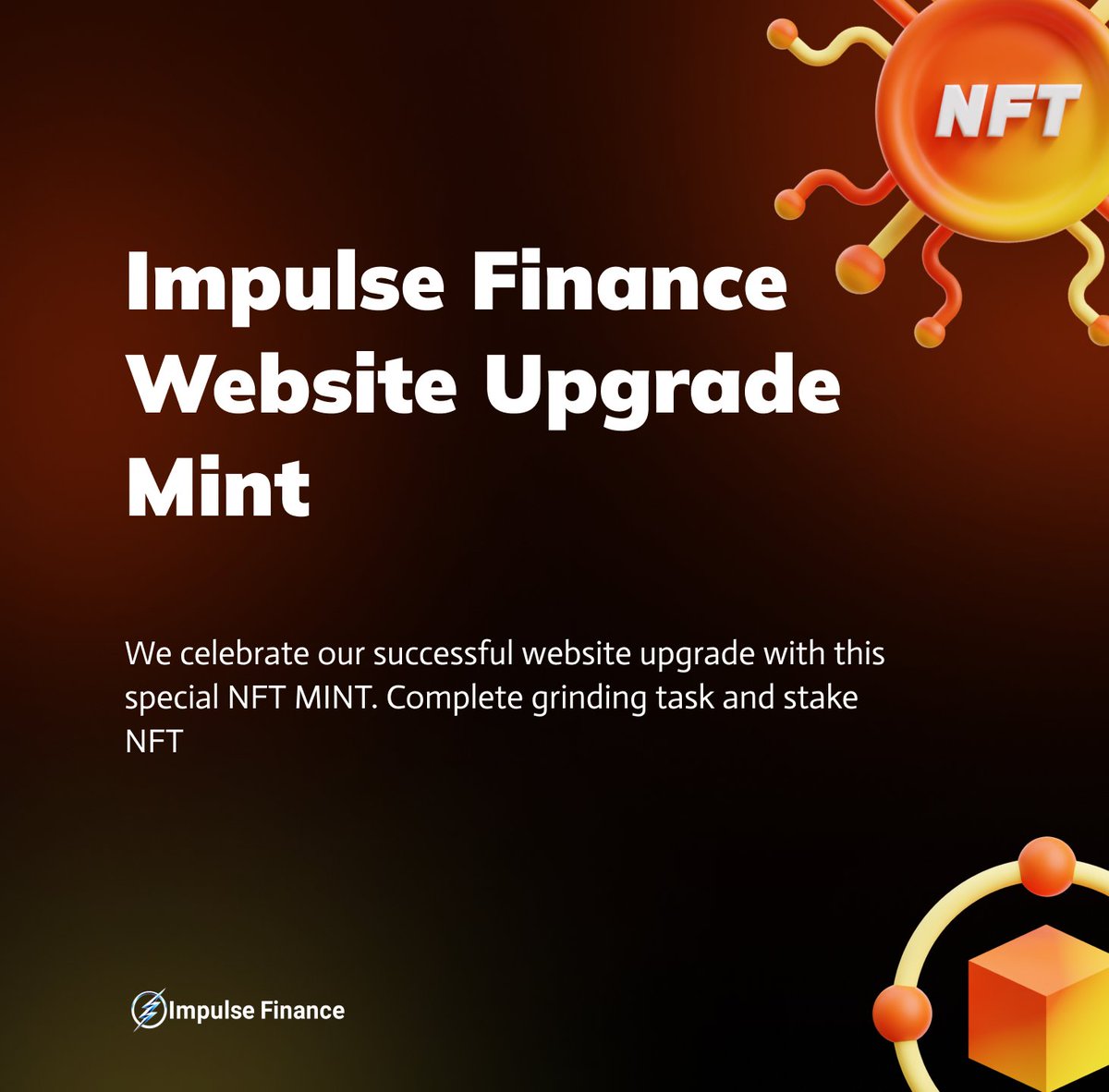We just made our website better and more efficient and we would love to celebrate this with an NFT.

1. Complete task on grinding.today/campaigns/1691

2. Stake minted NFT impulsefinance.org/pools/nft/0:23…

3. Swap to test venom on <a href="/w3w_exchange/">Web3World</a>

#VenomTestnet #VenomNetwork #venomBlockchain