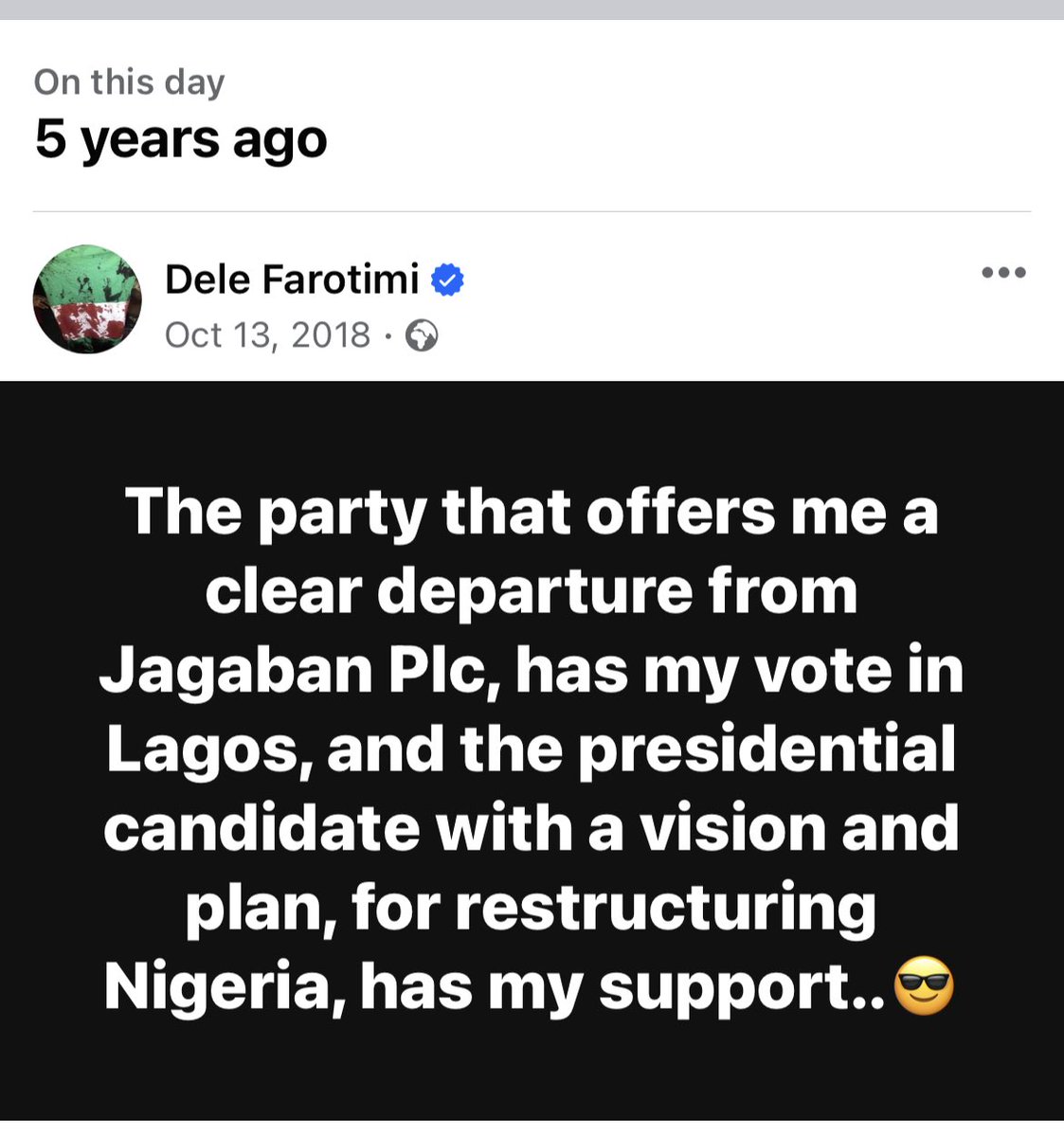 DeleFarotimi's tweet image. The party that offers me a clear departure from Jagaban Plc, has my vote in Lagos, and the presidential candidate with a vision and plan, for restructuring Nigeria, has my support..😎