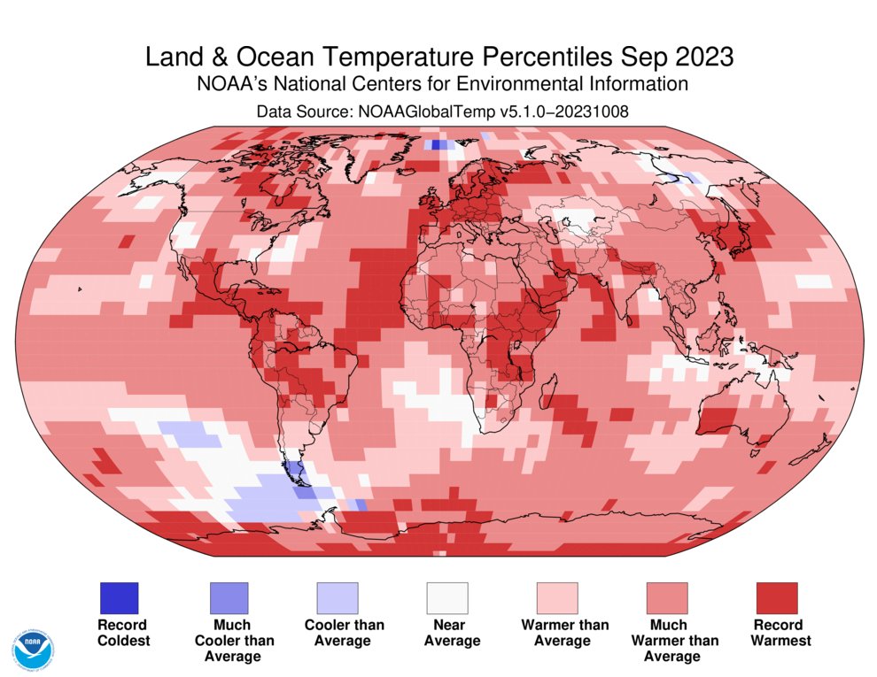 (1 of 5) IT’S OFFICIAL: Earth had its warmest September on record, with 2023 shaping up to be the warmest year on record.

September brought record-high global ocean surface temps, &amp; record-low Antarctic #SeaIce coverage.

bit.ly/3twn2pT

<a href="/NOAANCEI/">NOAA NCEI</a> #StateOfClimate