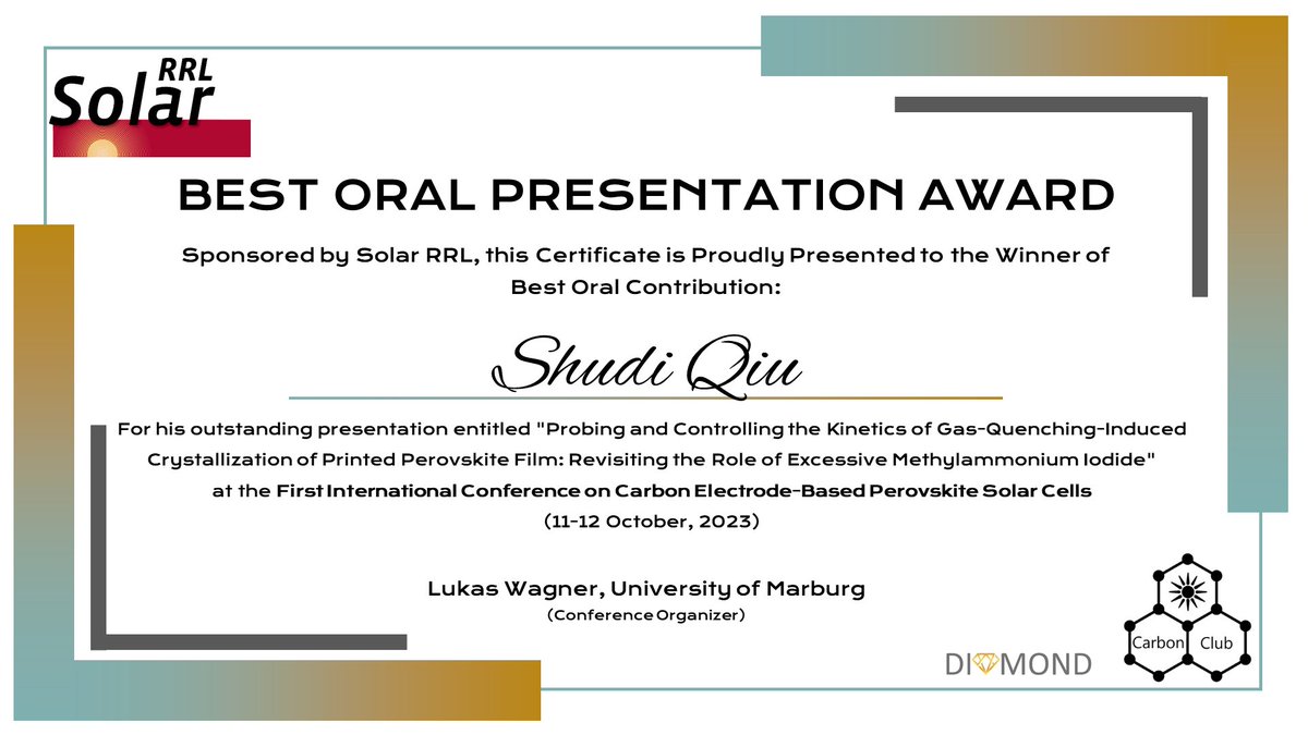 A lot of brilliant talks by young researchers at the #CarbonClub 2023, but the scientific committee selected Shudi Qiu, from @UniFAU, for the prize sponsored by Solar RRL (@WileyGlobal)!
#photovoltaics #perovskite #PSC #carbon #DIAMONDeuproject #PSCdiamond #Conference