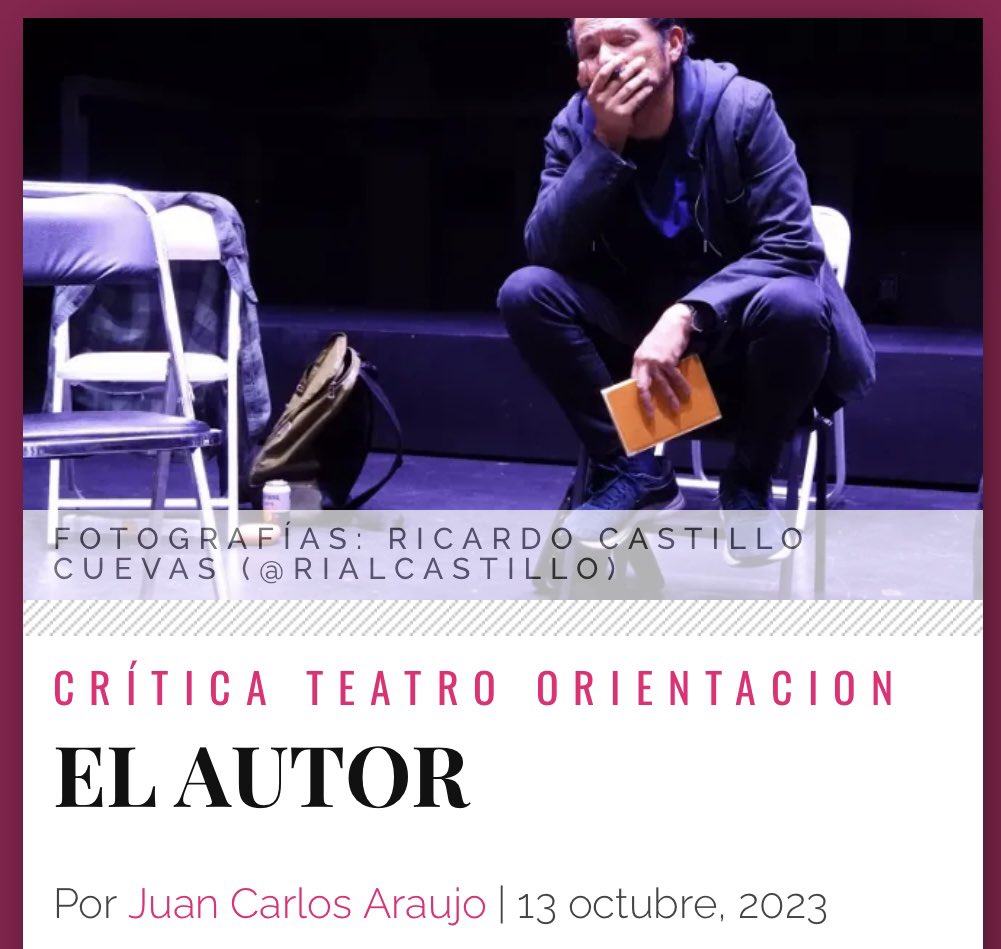 ¡NUEVA CRÍTICA! 

“El Autor” que se presenta lunes y martes en el Teatro Orientación Luisa Josefina Hernández. 

Para quienes entienden que en la ficción del escenario la violencia se puede sentir muy real.

entretenia.com/el-autor/