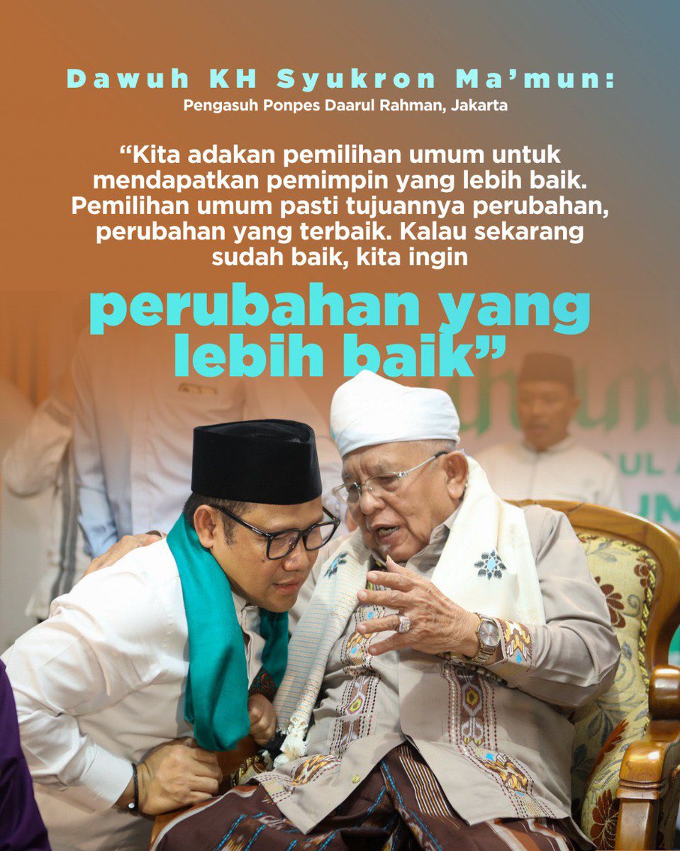 Dawuh KH Syukron Ma’mun pada Gus <a href="/cakimiNOW/">A Muhaimin Iskandar</a> dan ribuan santrinya untuk menghasilkan pemilu yang baik, tujuannya baik, dengan perubahan yang lebih baik lagi💚

Pemilu pasti tujuannya untuk perubahan, perubahan yang lebih baik lagi dibanding sekarang🇮🇩 <a href="/aniesbaswedan/">Anies Rasyid Baswedan</a>