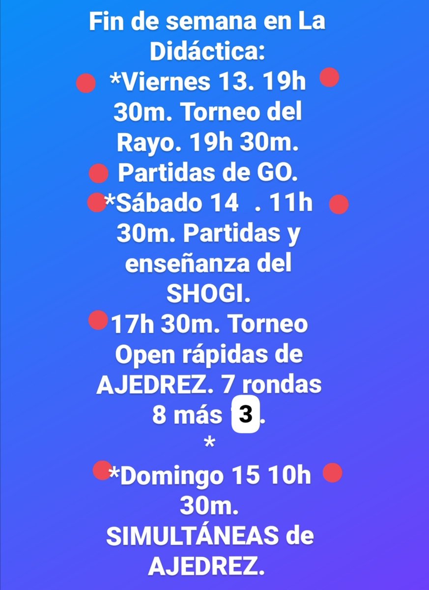 Agenda fin de semana en La Didáctica:
#madridchess #chessmadrid #madridajedrez #ajedrezmadrid #quehacerhoyenmadrid #todoestaenmadrid #torneoajedrez #ladidacticamadrid #CondeDuque #gogame #baduk #igo #weiqi #BarrioUniversidad #BarrioMaravillas #shogi #shogienespañol #shogimadrid