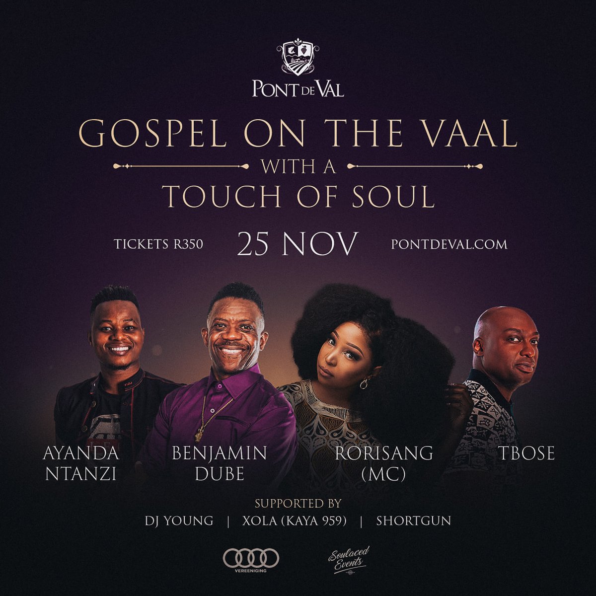 Join us at Pont de Val Winery Gardens on Saturday, 25 November 2023 for Gospel on the Vaal with a touch of Soul with <a href="/benjamindube/">Benjamin Dube</a> 

Tickets available at R350 at pontdeval.com/events.

Entertainment starts at 12:00 and will continue until 20:00.

#pontdeval