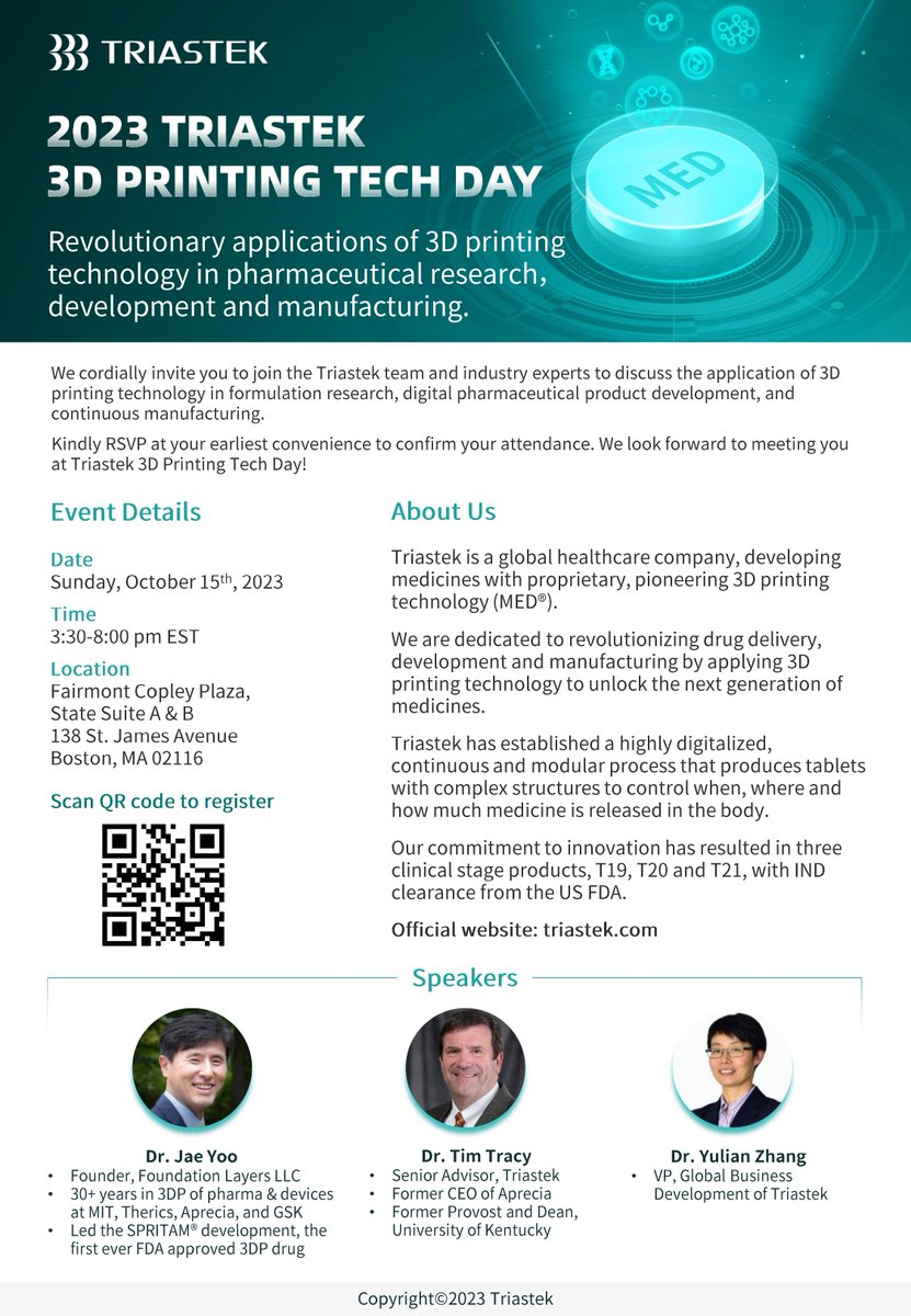 🙌 This Sunday! Join us for 2023 Triastek 3D Printing Tech Day in Boston on Oct 15, 2023, right before #PODD 

click: jinshuju.net/f/vjfgRh for 1-minute registration.

#3Dprinting #pharmaceuticals #Triastek #TechDay