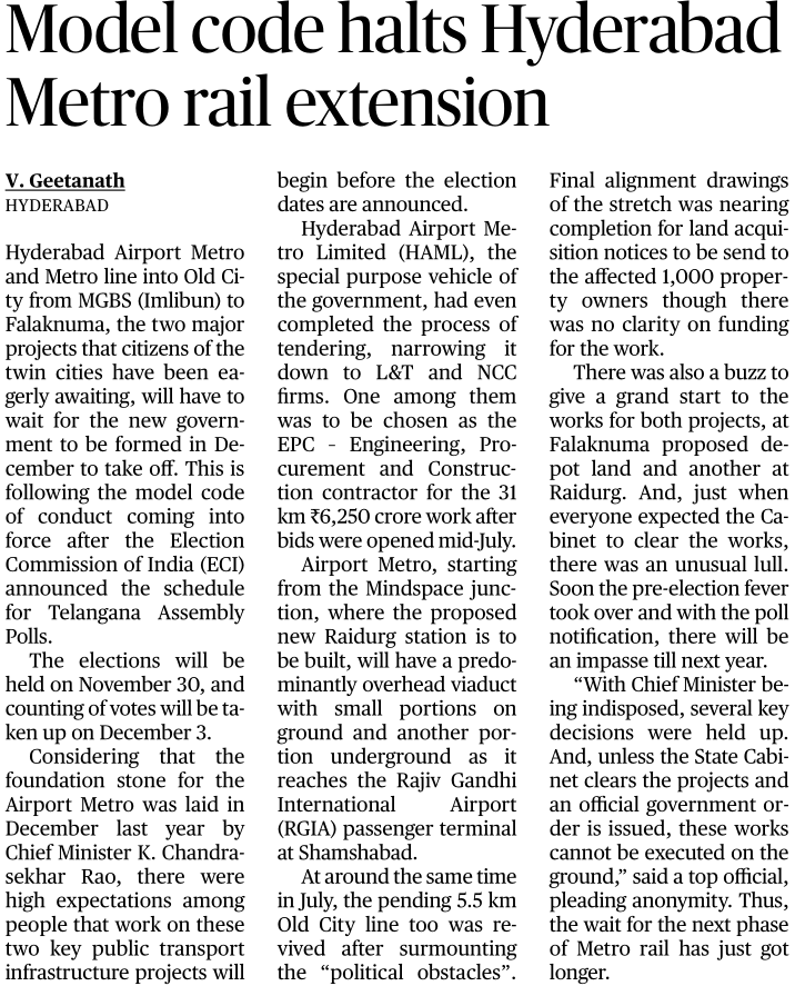 This headline is baffling @the_hindu @nambath . Because the citizens of Old City waited for 9 years for Owaisi to give permission for Metro Rail. Not an exaggeration. The Model code is not the culprit. Owaisi is. opindia.com/2023/07/hydera…