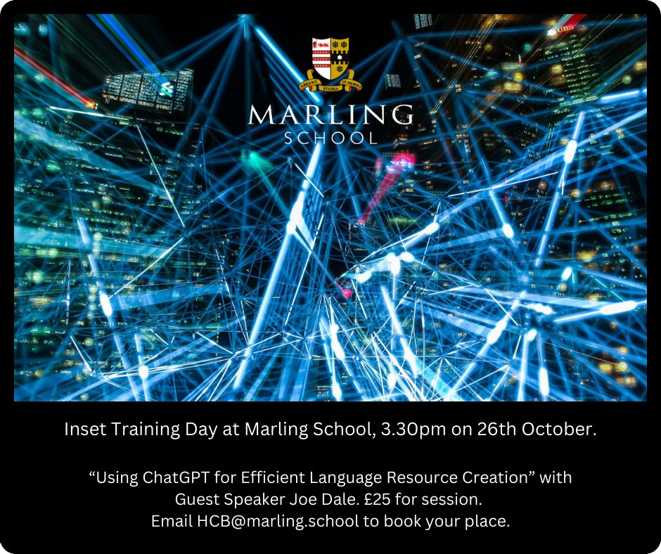 Inset Training Day at Marling School @ 3.30pm on 26th October. Open to all Gloucestershire schools and teachers. Guest speaker <a href="/joedale/">Joe Dale</a> 
#wearemarling
#artificialIntelligence 
#Gloucestershire
#schools