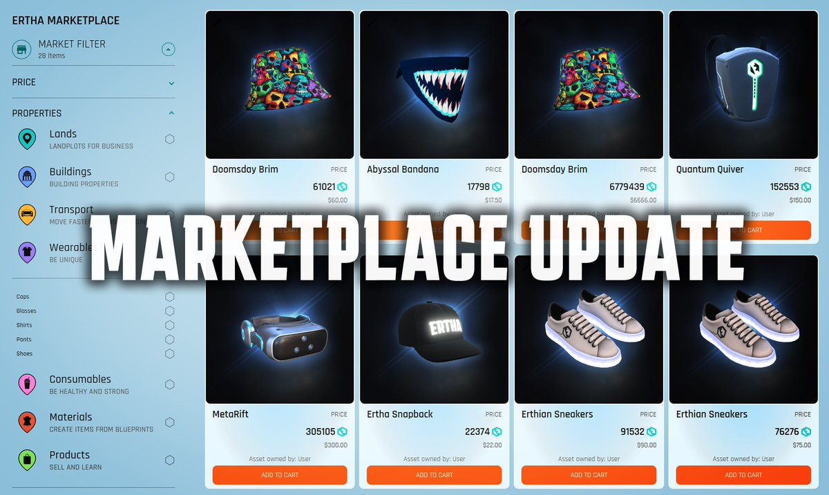Ertha Marketplace Update 🌍🚀

💎 We've just rolled out a brand-new update for the Ertha Marketplace, including new features, bug fixes and improved user interface!

Check it out 👉 market.ertha.com

👑 Dive in for a seamless experience buying &amp; selling items. The hottest