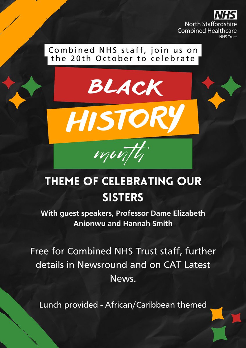 Combined staff and colleagues are invited to attend the free ENRICH Network event for Black History Month on the 20 October!

- External speakers
- An African/Caribbean lunch provided
- A chance to engage with the #BlackHistoryMonth  theme for 2023, 'Celebrating our sisters'